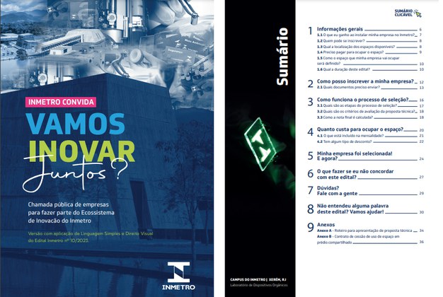 O conteúdo da versão simplificada do documento está organizado por perguntas orientativas, que guiam a leitura e ajudam as empresas a conhecer as regras do processo seletivo e descobrir como se inscrever para ocupar salas em um prédio compartilhado no campus do Inmetro