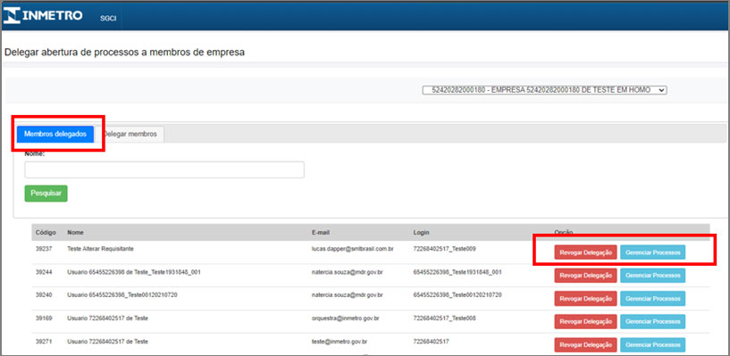 Tela Delegar abertura de processos a membros de empresa com destaque para as opções Revogar delegação e Gerenciar processos