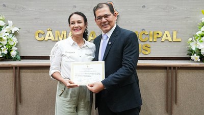 Evanira Maria Ribeiro dos Santos, bolsista PCI homenageada na sessão solene. Foto: Foto: Cleuton Silva/CMM.