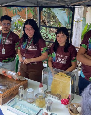 Lissandra Sampaio e colegas na exposição “Cogumelos da Amazônia”. Foto: Kaylane Golvin- Ascom Inpa.