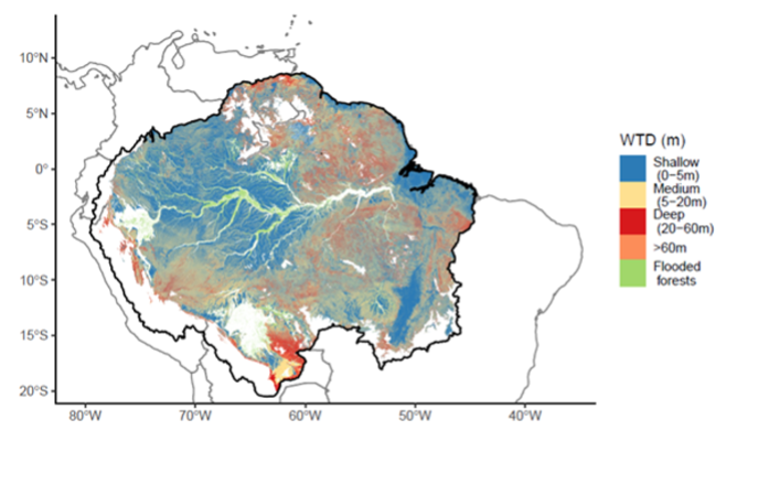 Figura: a distribuição da profundidade do lençol freático na bacia Amazônica, mostrando a dominância de lençol superficial (azul) principalmente na porção oeste.