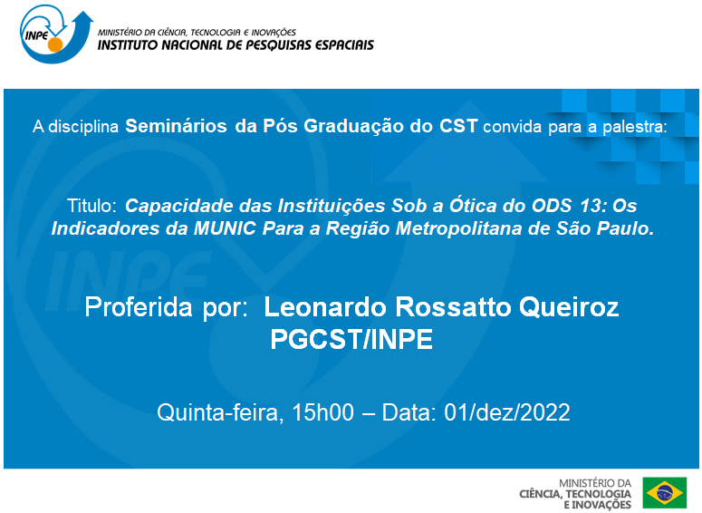 CONVITE: Seminários PGCST (01/12/2022): “Capacidade das Instituições Sob a Ótica do ODS 13: Os Indicadores da MUNIC Para a Região Metropolitana de São Paulo”