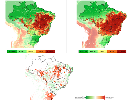 Risco meteorológico de fogo em junho de 2026. Acima, à esquerda, risco observado no mês; à direita, climatologia do risco para junho. Abaixo, mapa das diferenças em relação à média histórica (2001-2025), destacando as regiões com aumento ou redução das categorias de risco. Fonte: Boletim Infoqueima - junho/2026.