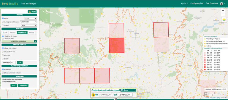 Figura 2 - Exemplo de qualificação dos focos de calor (pontos amarelos de tons distintos). Os focos podem ser baixados em shapefile para cada unidade (Células, Municípios, Estados).