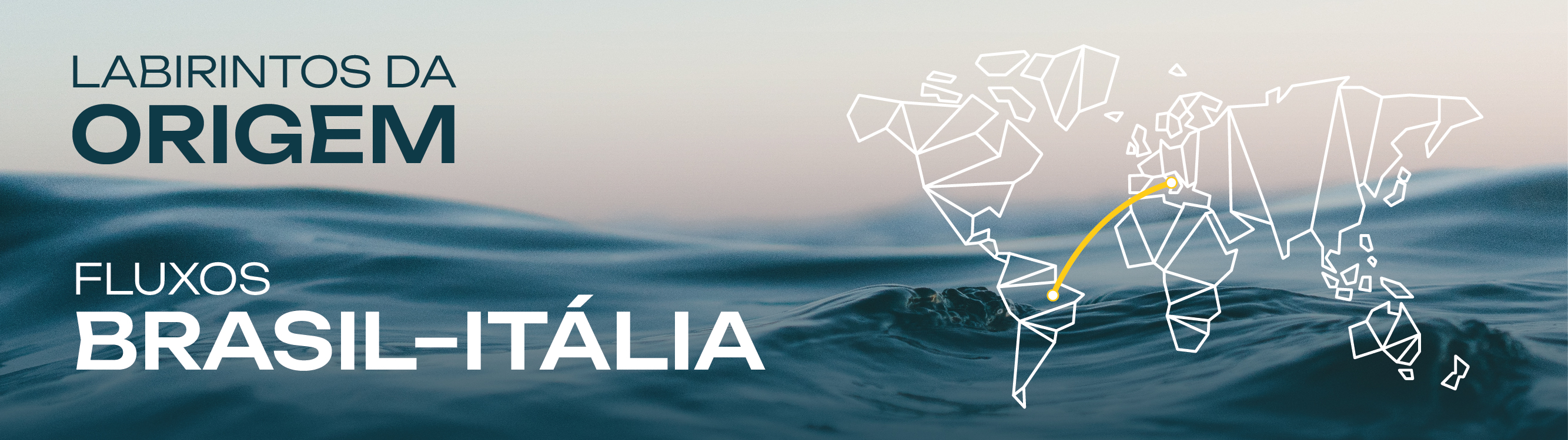 Imagem do mar, com uma mapa múndi estilizado sobreposto e uma linha amarela conectando Brasil e Itália