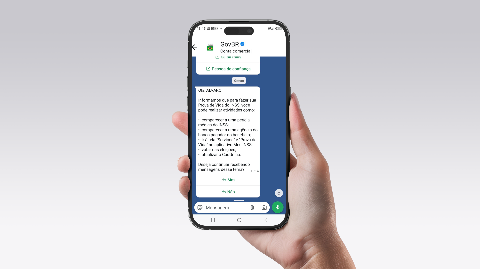 Mensagem listando ações que servem como atualização da Prova de Vida, entre elas o voto, são enviadas pelo WhatsApp do Governo do Brasil