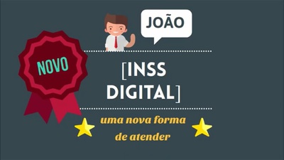Desenho de um menino com a mão direita levantada, escrito "inss digital, uma nova forma de atender".
