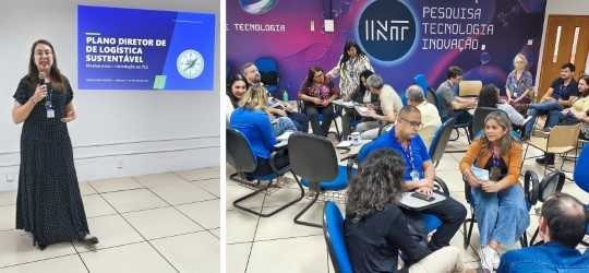 Professora de pé ministrando aula e alunos sentados em grupos