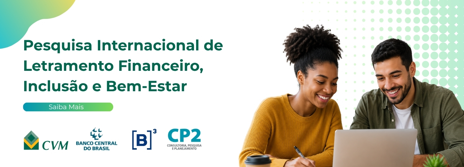 casal de jovens em frente ao notebook; ao lado título da pesquisa e logo dos patrocinadores