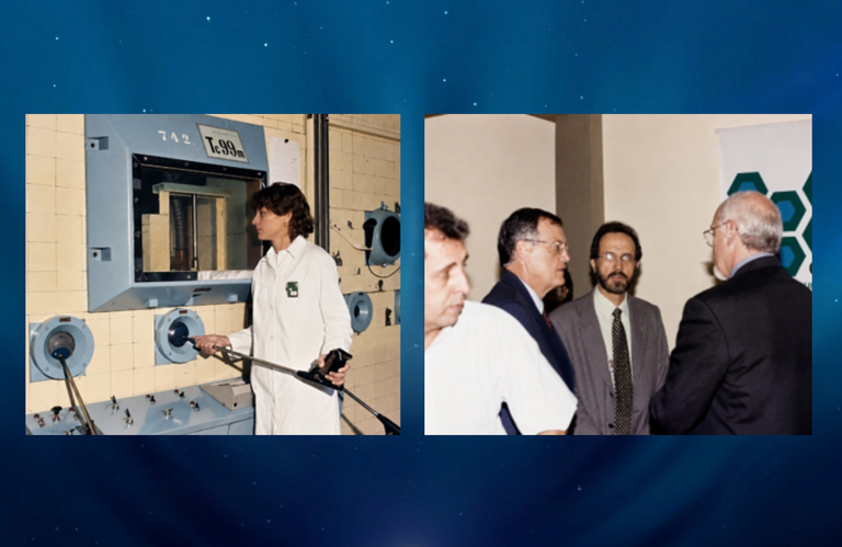 Imagem 1: Área de manipulação de radioisótopos no IPEN, equipada com cela blindada, janela de observação e manipuladores mecânicos para o trabalho com tecnécio-99m. Década de 1990. Imagem 2: Inauguração do CIETEC, em abril de 1998.