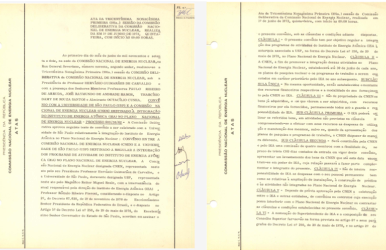 Trecho da Ata da Comissão Deliberativa da CNEN, realizada em 01 de junho de 1972, que aprovou texto do convênio a ser celebrado entre a USP e CNEN. Disponível em: https://memoria.cnen.gov.br/memoria/exibeAta.asp?codigo=391
