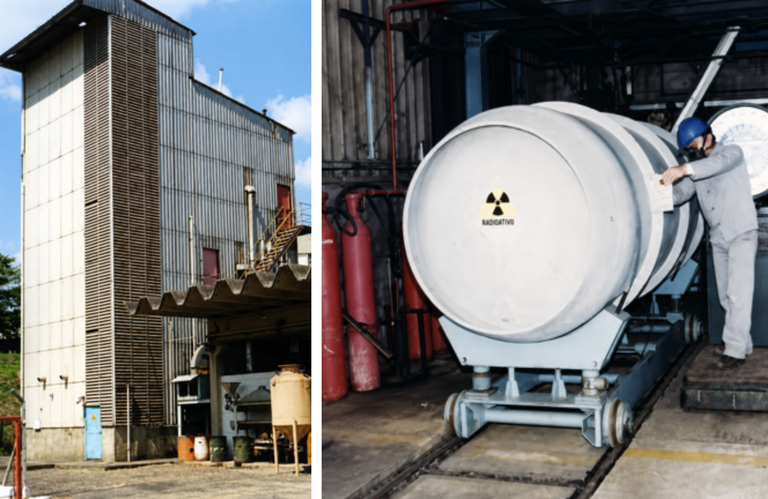Vista externa da usina-piloto de produção de UF₆, concluída em 1986. Acervo: IPEN/CNEN; Tanque de armazenamento de UF₆, com capacidade para 12 toneladas. Acervo: IPEN/CNEN.
