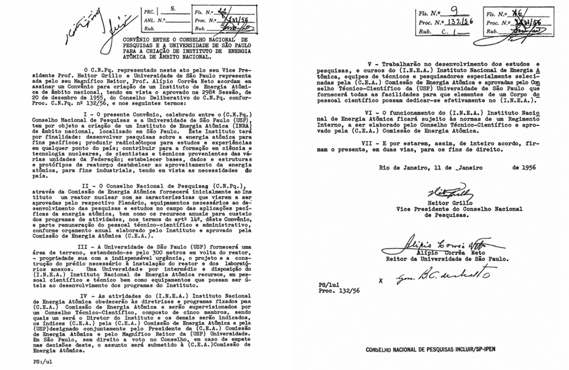Imagem reproduz documento de Convênio entre o Conselho Nacional de Pesquisas e a Universidade de São Paulo para a criação do Instituto de Energia Atômica, termos V ao VII, com as assinaturas de Heitor Grillo, Alípio Corrêa Neto e Bernardino Correa de Mattos Neto