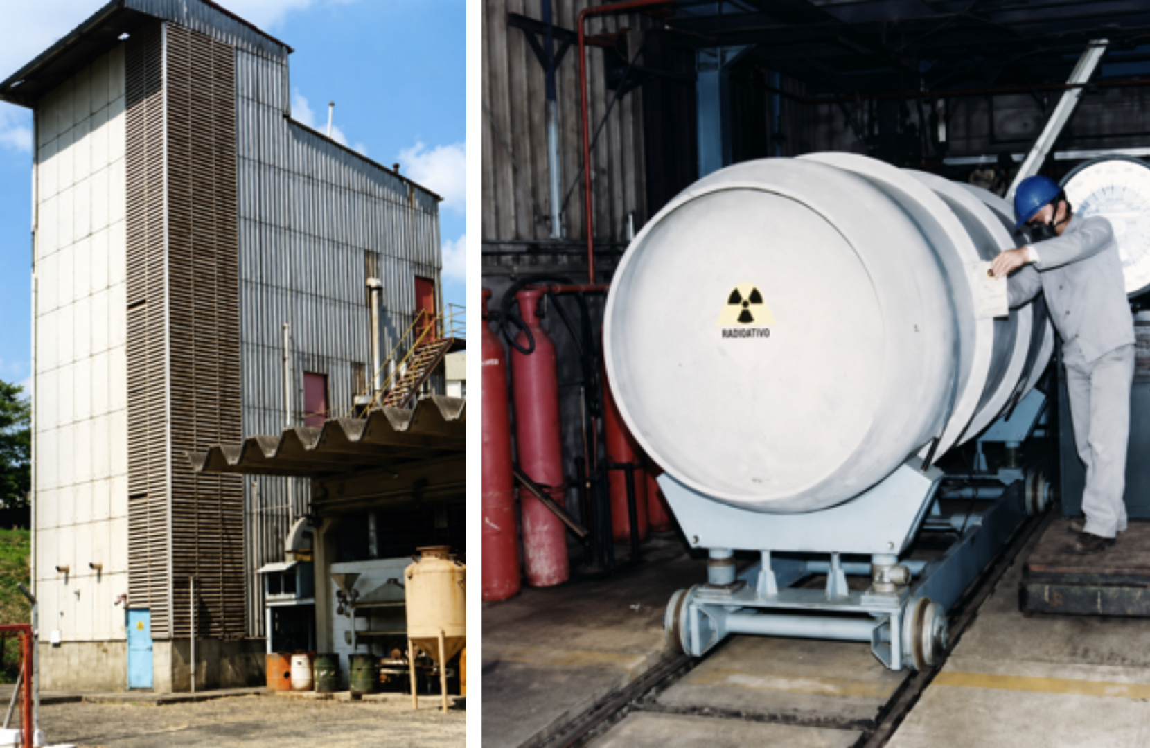 Vista externa da usina-piloto de produção de UF₆, concluída em 1986. Acervo: IPEN/CNEN; Tanque de armazenamento de UF₆, com capacidade para 12 toneladas. Acervo: IPEN/CNEN.