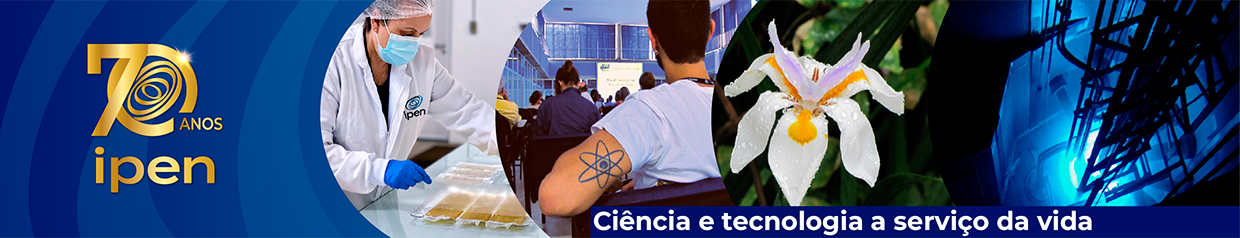 Banner do ipen com logo, fotos de pesquisa e frase Ciência e Tecnologia a Serviço da Vida.