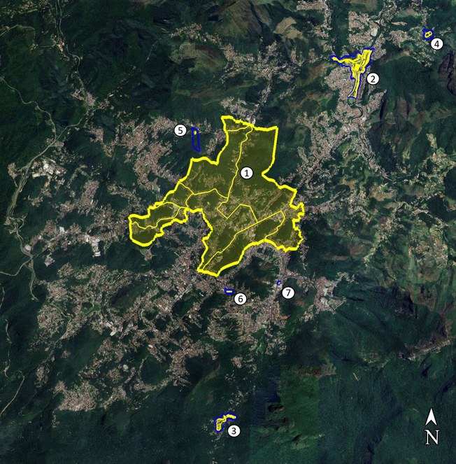 Elementos da futura área tombada proposta: 1- Área Central; 2- Complexo Fabril de Cascatinha; 3- Remanescentes da antiga Fábrica Cometa no Meio da Serra; 4- Casa Djanira; 5- Casa Mayworn; 6- Casa Rua Cardoso Fontes; 7- Vila Operária Fábrica Cometa no Alto da Serra.