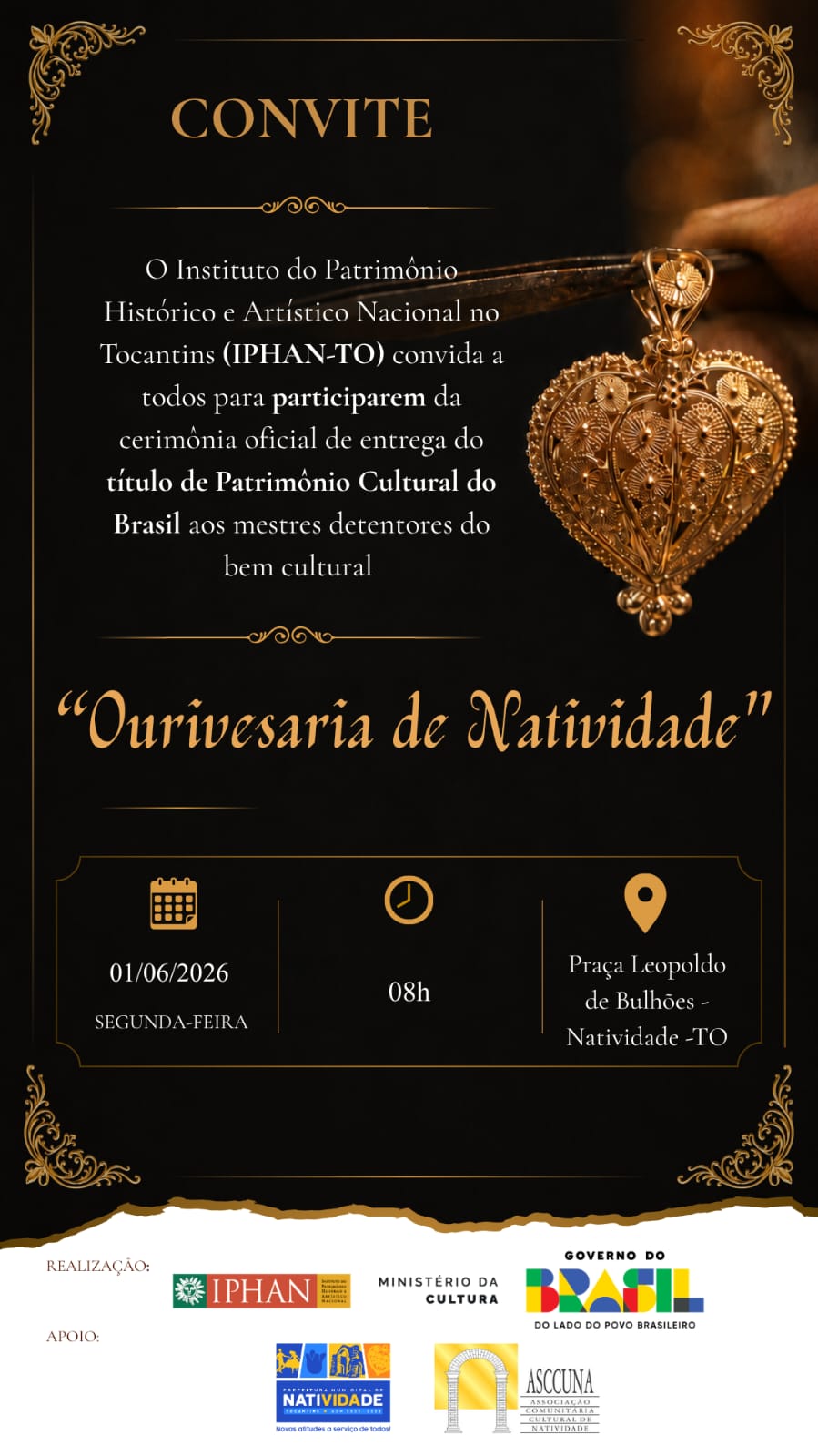 Convite para o evento da entrega do título de Patrimônio Cultural do Brasil à Ourivesaria de TO
