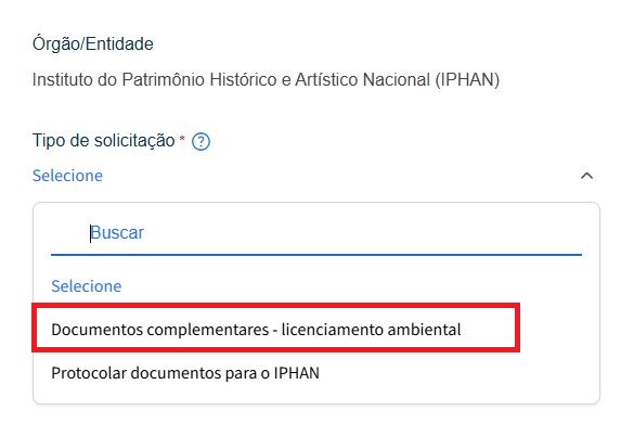 Onde selecionar a opção Documentos complementares - licenciamento ambiental
