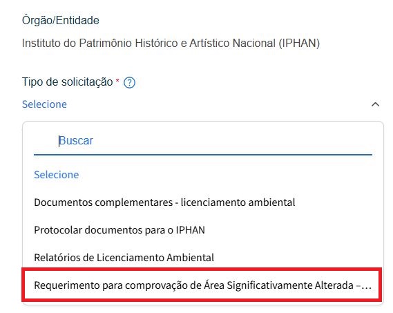 onde selecionar a opção Requerimento para comprovação de Área Significativamente Alterada (ASA).