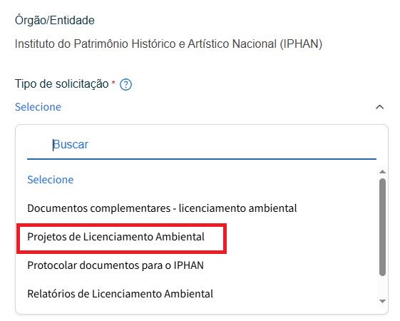 Escolhendo a opção Projetos de Licenciamento Ambiental