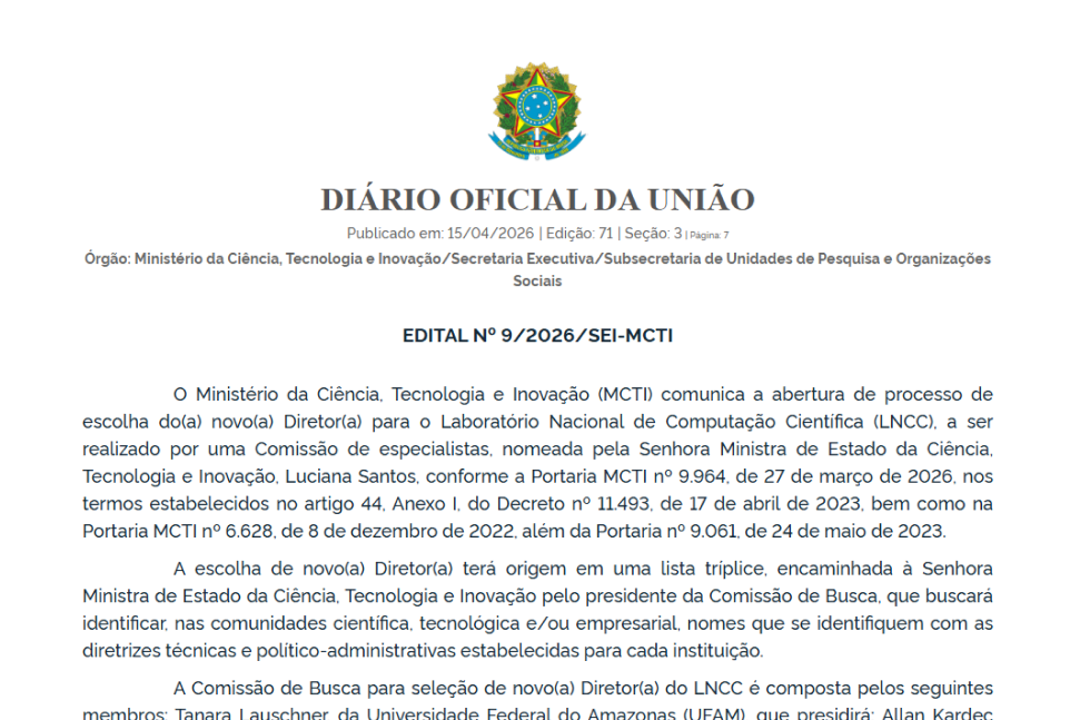 Edital de abertura do processo de escolha de Diretor(a) do LNCC