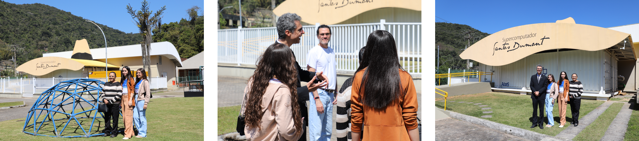 O diretor Fábio Borges, a professora Jonilda, as alunas Maria Vitória e Myllena, e o colaborador da Eviden, Robson, durante visita ao supercomputador Santos Dumont.
