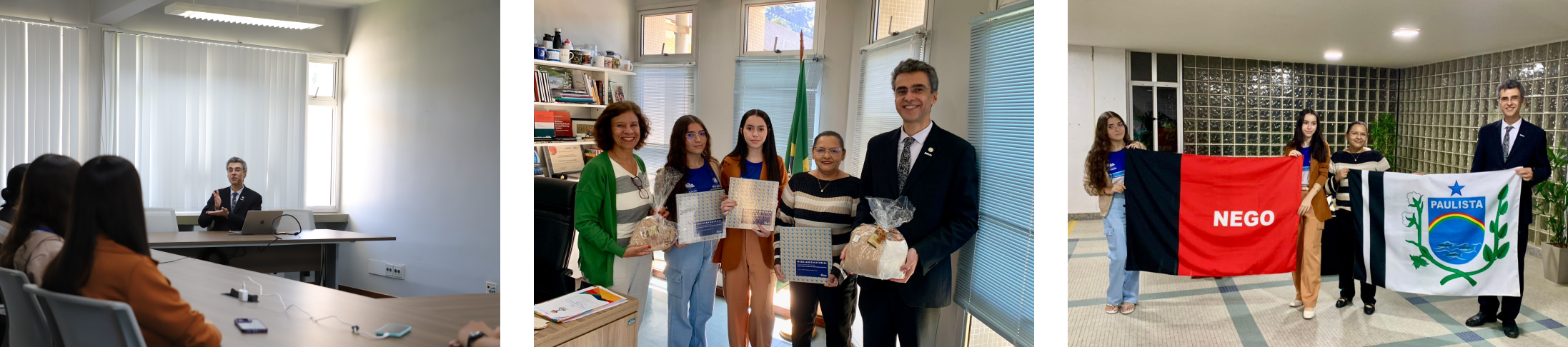 Foto 1: O diretor do LNCC, Fabio Borges, recebe a professora Jonilda Alves Ferreira e as medalhistas Maria Vitória e Myllena Helen. Foto 2: Troca de presentes: o LNCC recebeu uma camiseta típica de Paulista/PB, e as visitantes ganharam um livro sobre a história do Laboratório. Foto 3: O diretor Fábio Borges, a professora e as alunas com as bandeiras da Paraíba e da cidade de Paulista.