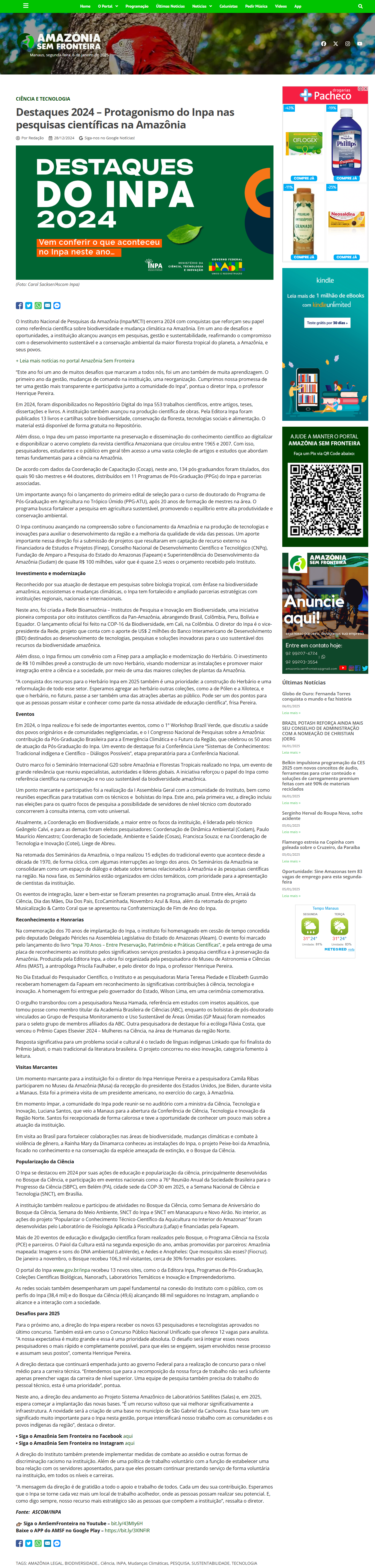 Destaques 2024 – Protagonismo do Inpa nas pesquisas científicas na Amazônia