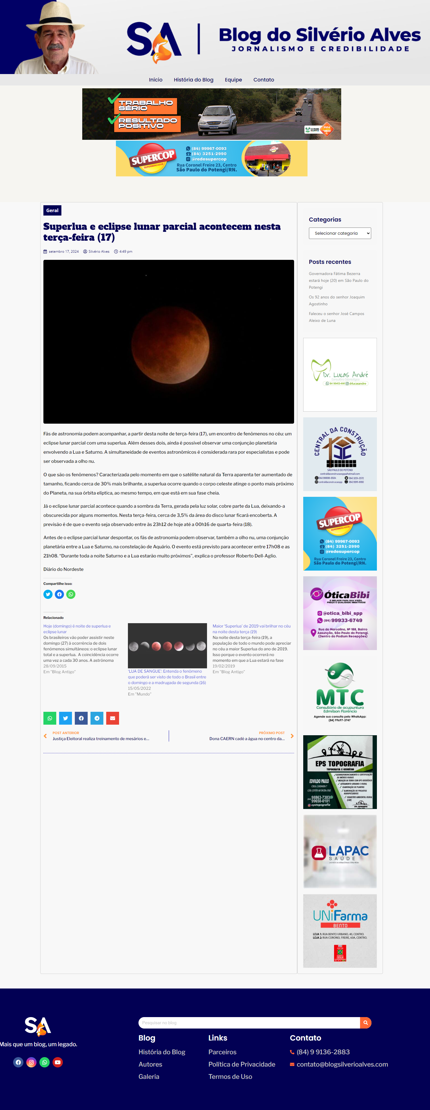 Superlua e eclipse lunar parcial acontecem nesta terça-feira (17)
