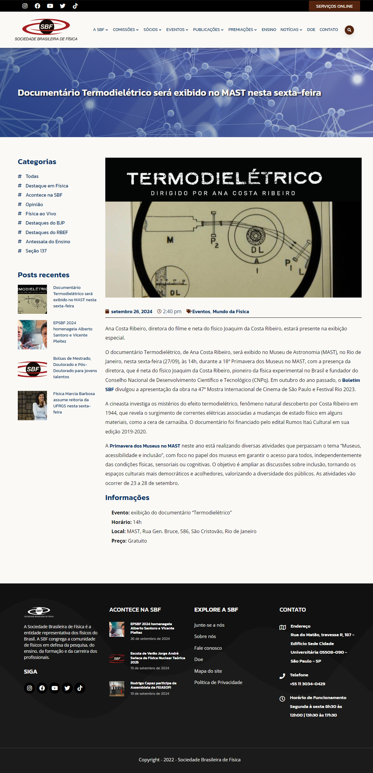 Documentário Termodielétrico será exibido no MAST nesta sexta-feira