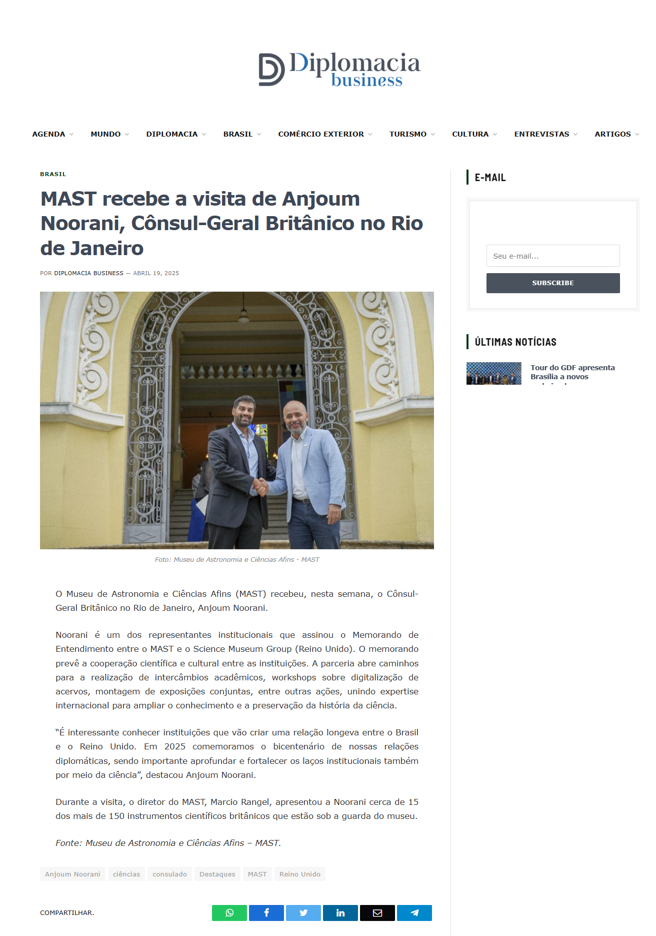 MAST recebe a visita de Anjoum Noorani, Cônsul-Geral Britânico no Rio de Janeiro