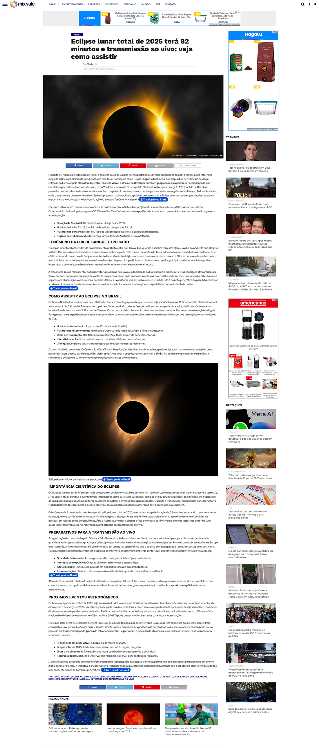 Eclipse lunar total de 2025 terá 82 minutos e transmissão ao vivo; veja como assistir
