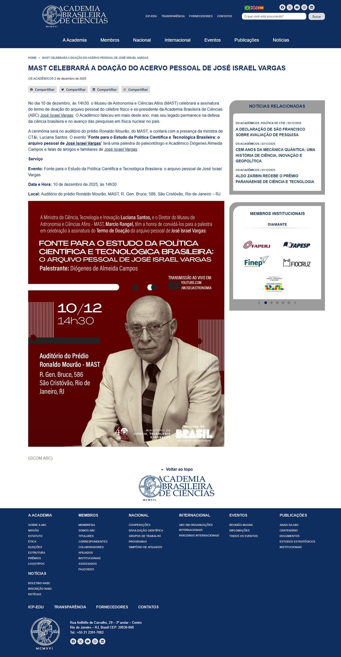 MAST celebrará a doação do acervo pessoal de José Israel Vargas