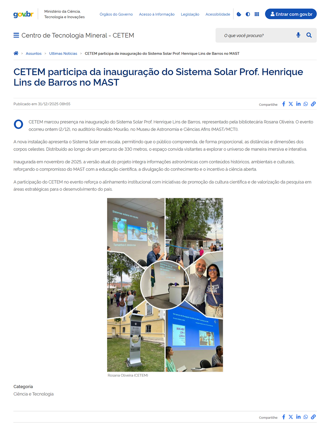 CETEM participa da inauguração do Sistema Solar Prof. Henrique Lins de Barros no MAST