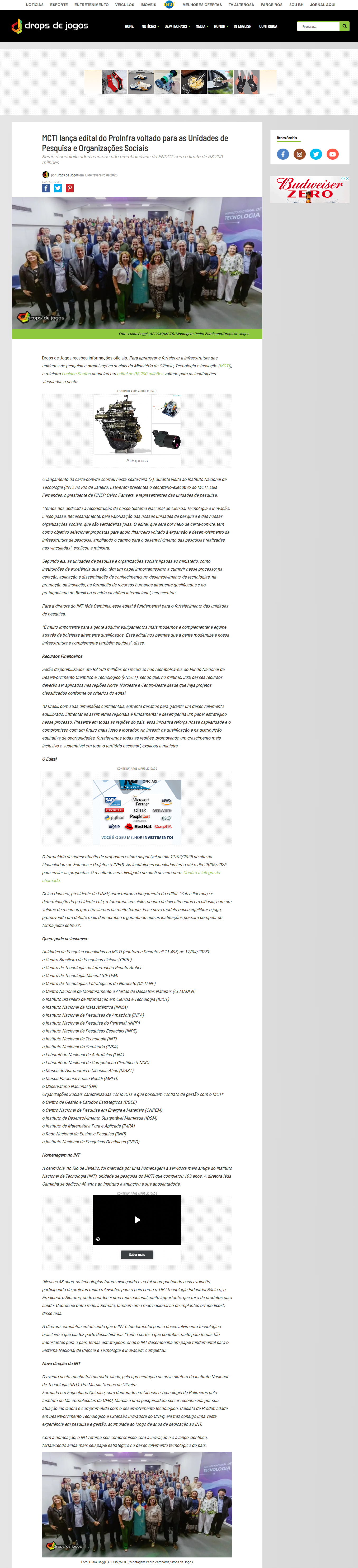 MCTI lança edital do ProInfra voltado para as Unidades de Pesquisa e Organizações Sociais