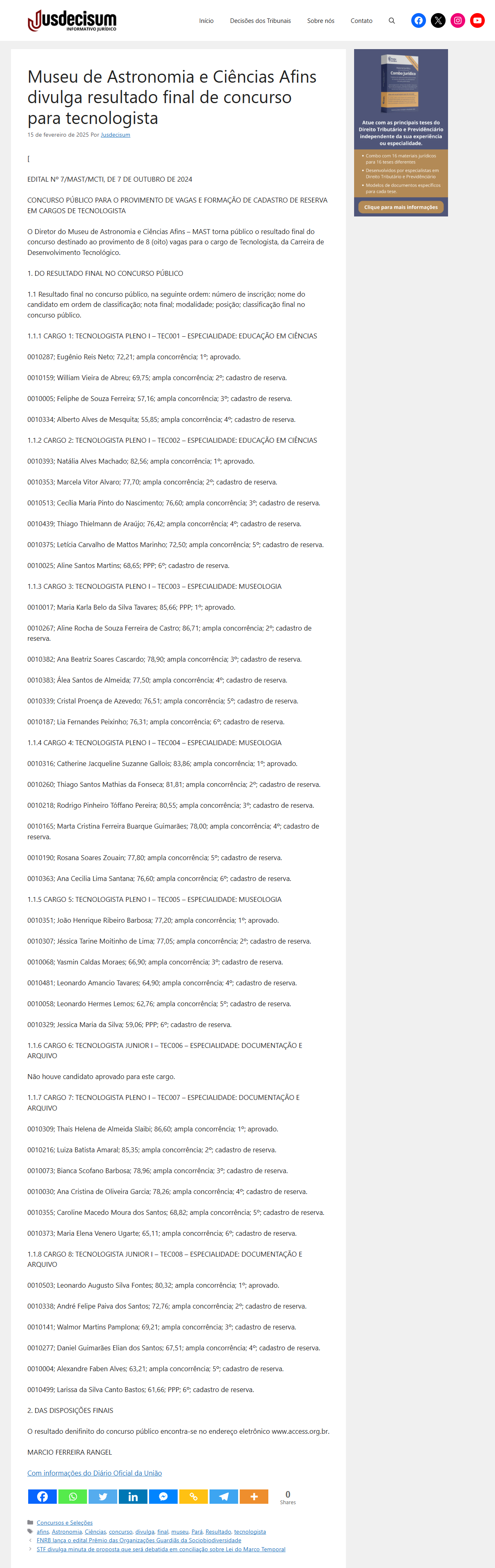 Museu de Astronomia e Ciências Afins divulga resultado final de concurso para tecnologista