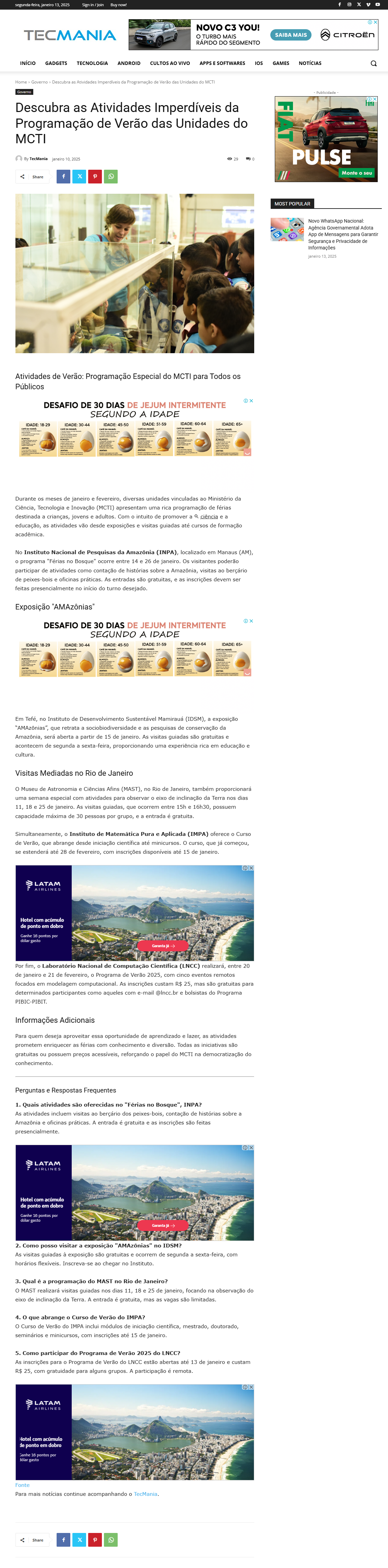 Descubra as Atividades Imperdíveis da Programação de Verão das Unidades do MCTI