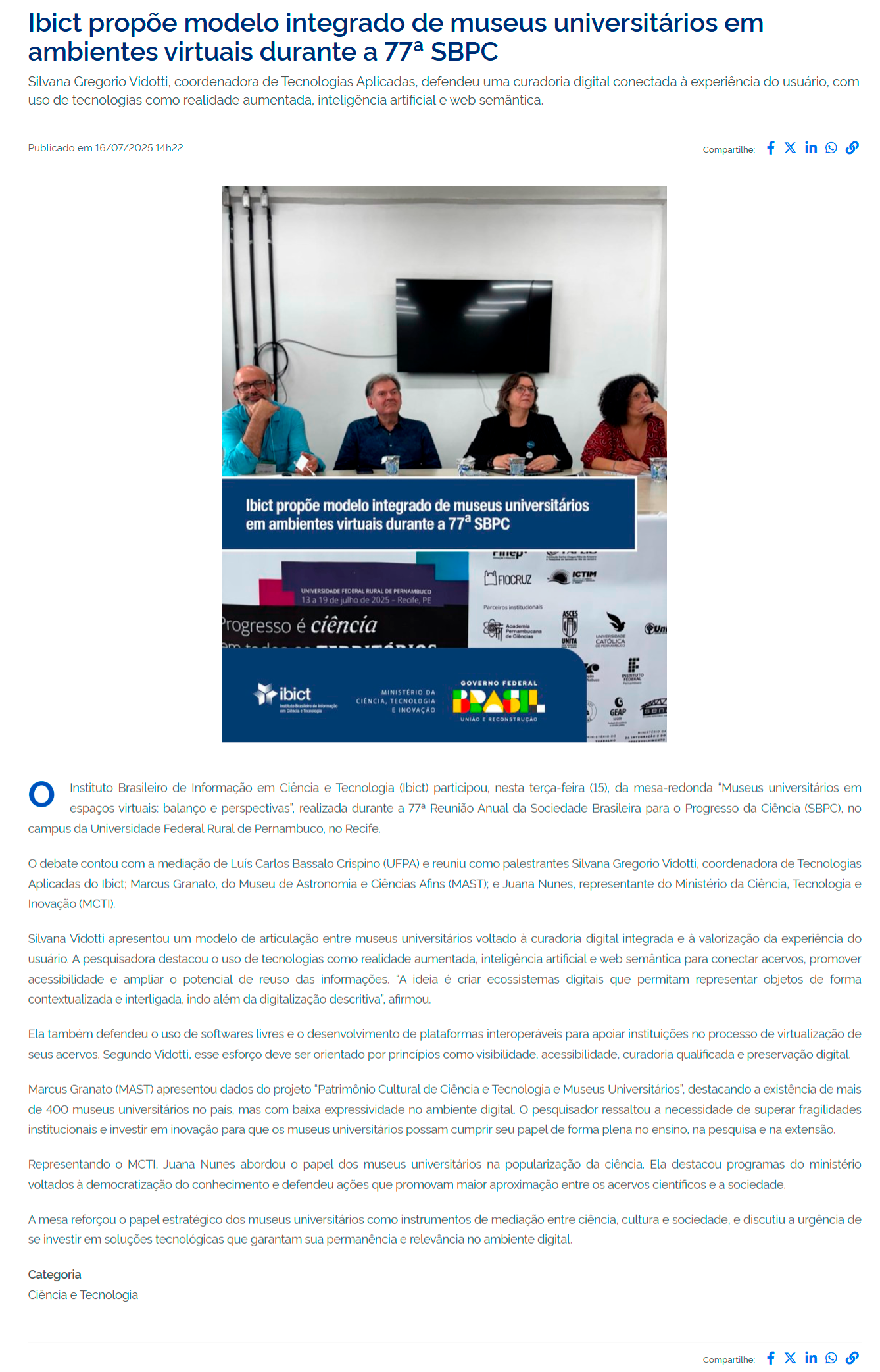 Ibict propõe modelo integrado de museus universitários em ambientes virtuais durante a 77ª SBPC