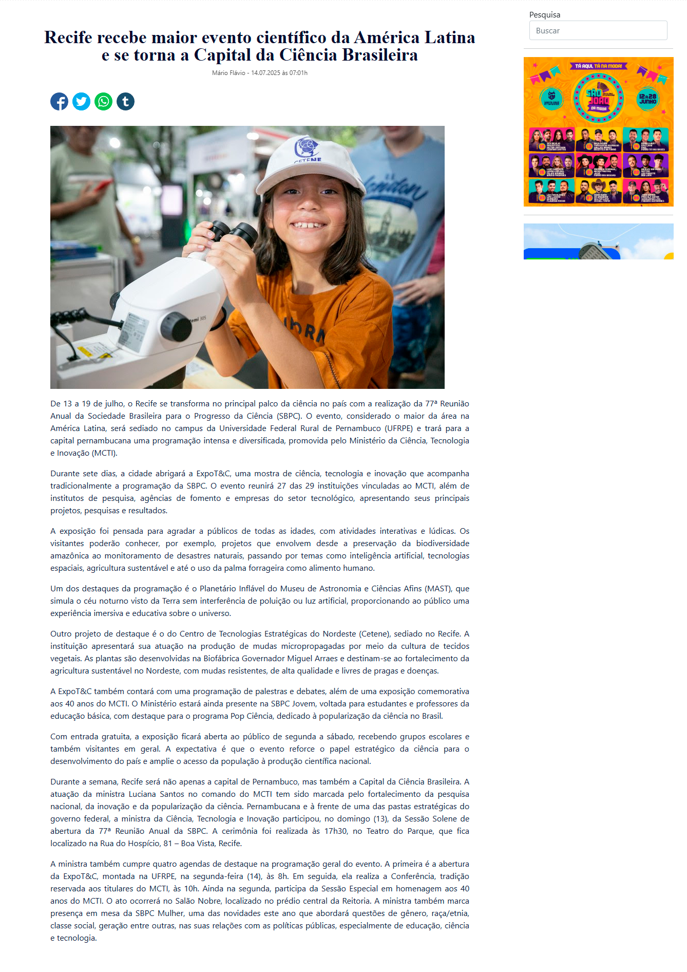 Mário Flávio - Recife recebe maior evento científico da América Latina e se torna a Capital da Ciência Brasileira