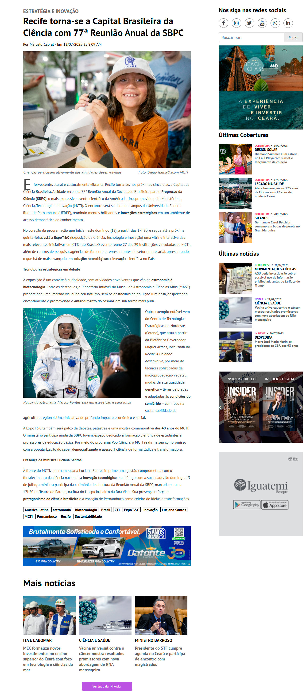 PORTAL IN - Recife torna-se a Capital Brasileira da Ciência com 77ª Reunião Anual da SBPC