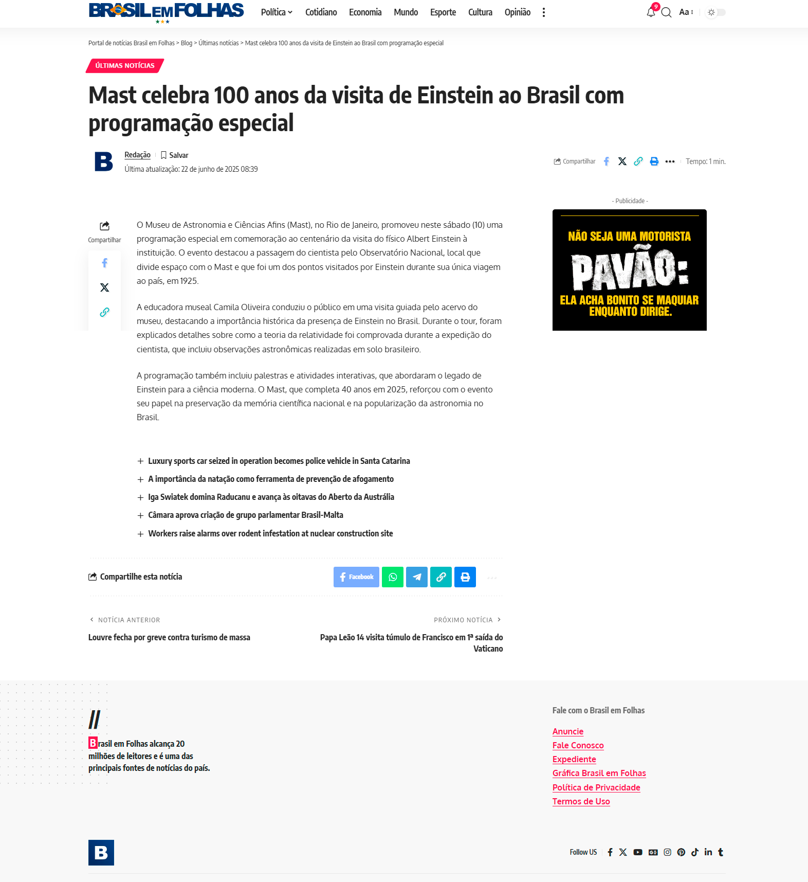 Mast celebra 100 anos da visita de Einstein ao Brasil com programação especial