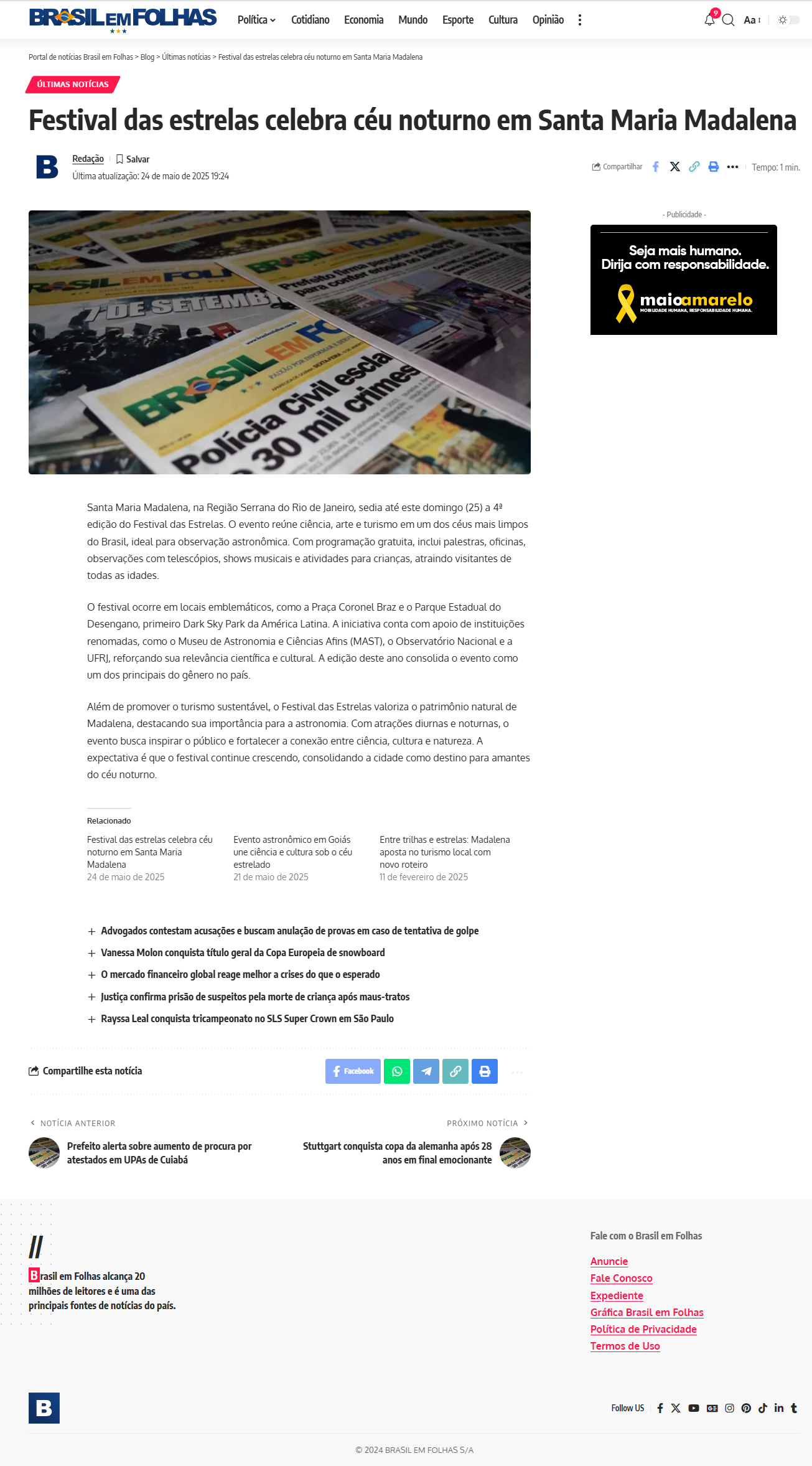 Festival das estrelas celebra céu noturno em Santa Maria Madalena