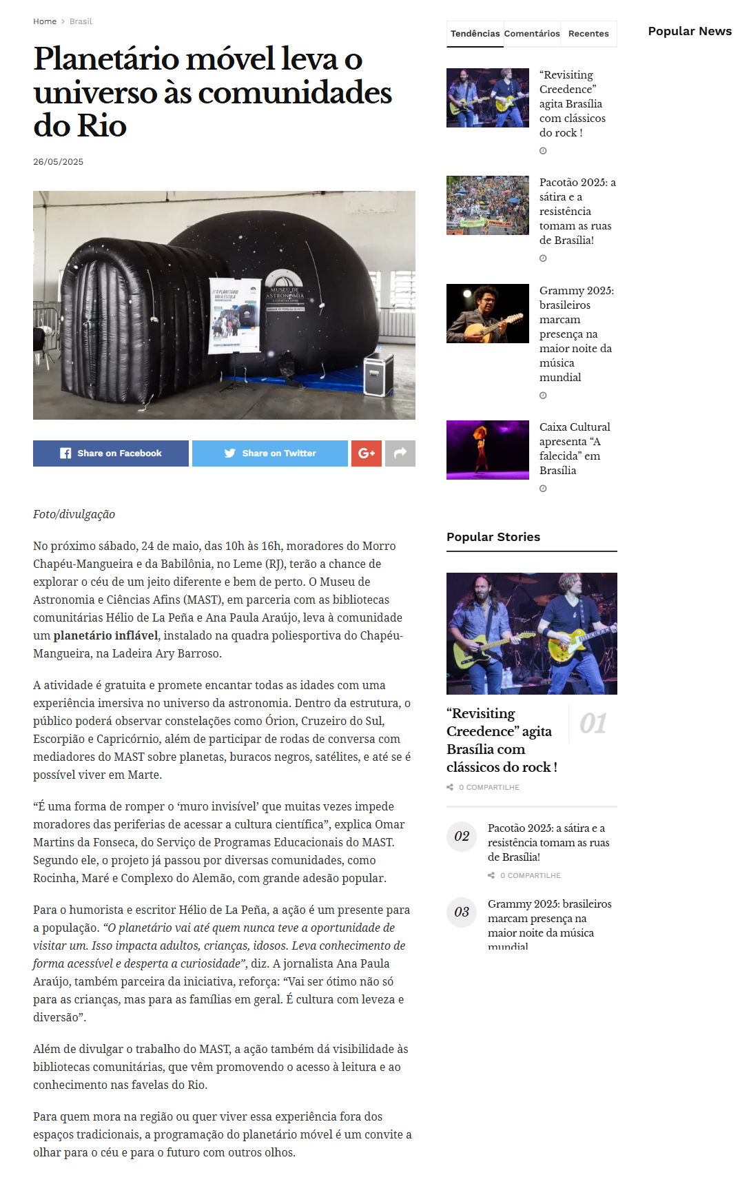 Planetário móvel leva o universo às comunidades do Rio