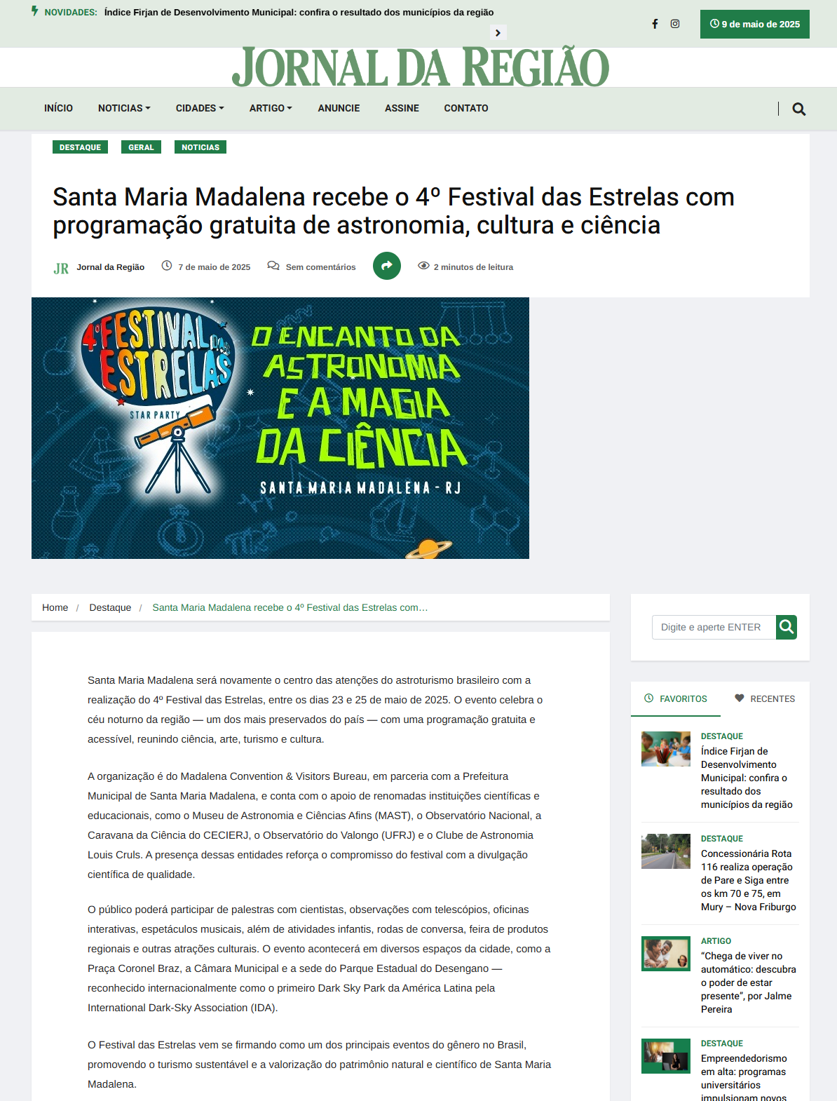 Santa Maria Madalena recebe o 4º Festival das Estrelas com programação gratuita de astronomia, cultura e ciência