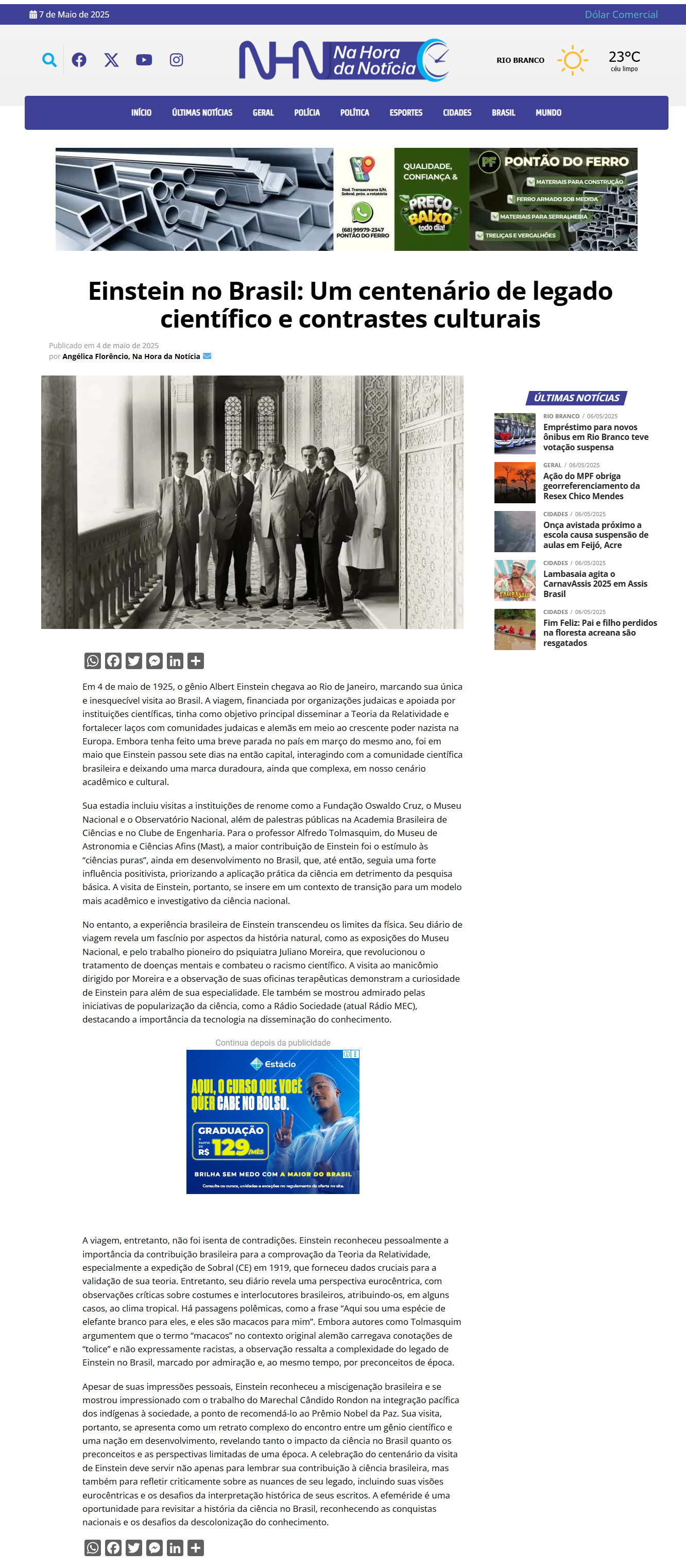 Einstein no Brasil: Um centenário de legado científico e contrastes culturais