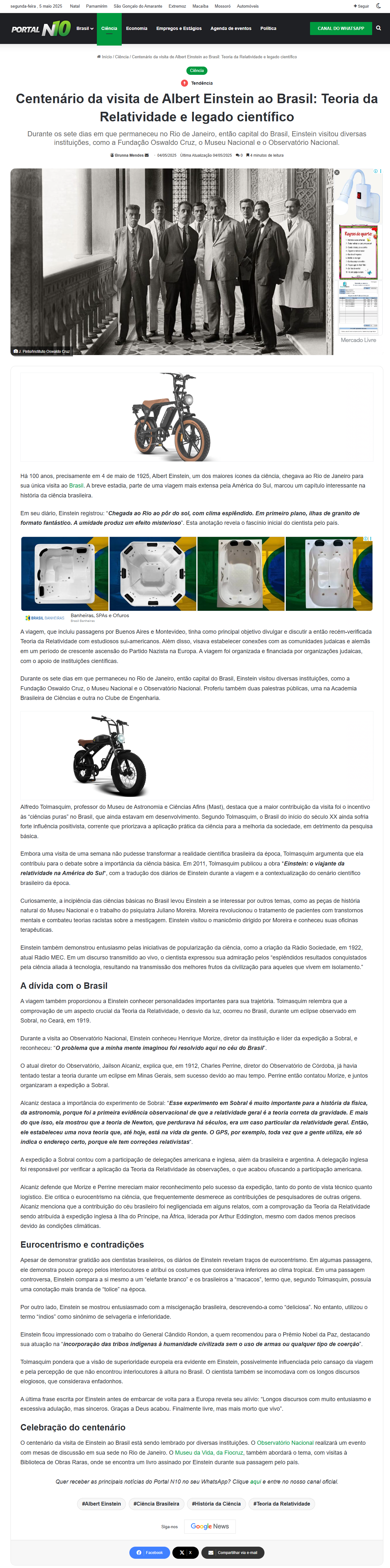 Centenário da visita de Albert Einstein ao Brasil: Teoria da Relatividade e legado científico