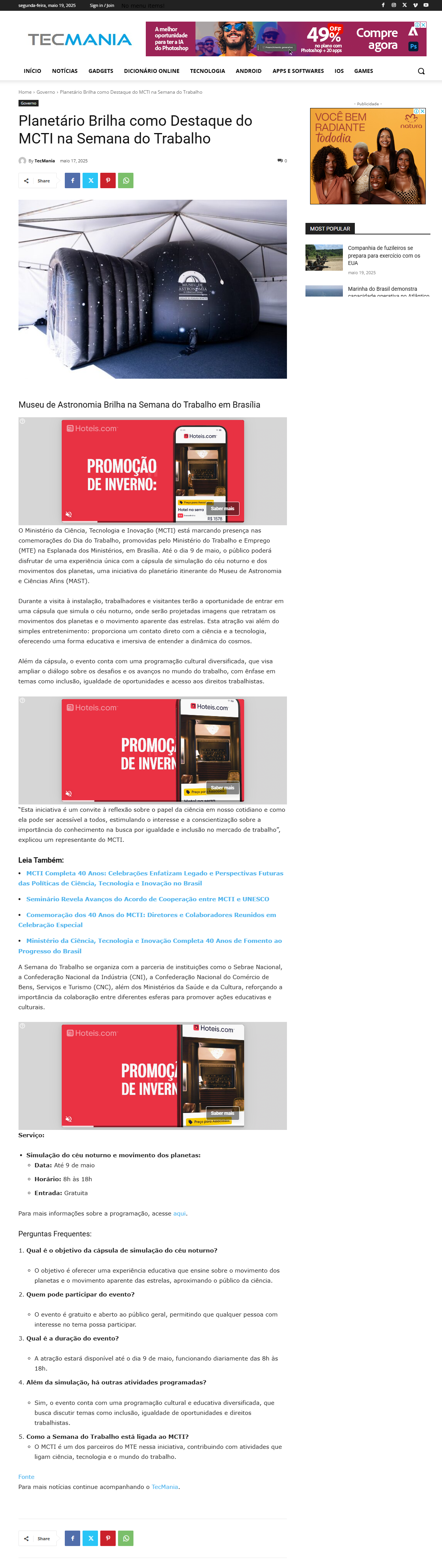 Planetário Brilha como Destaque do MCTI na Semana do Trabalho