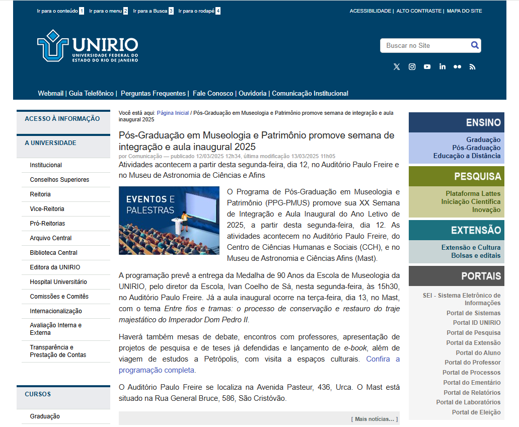 Pós-Graduação em Museologia e Patrimônio promove semana de integração e aula inaugural 2025