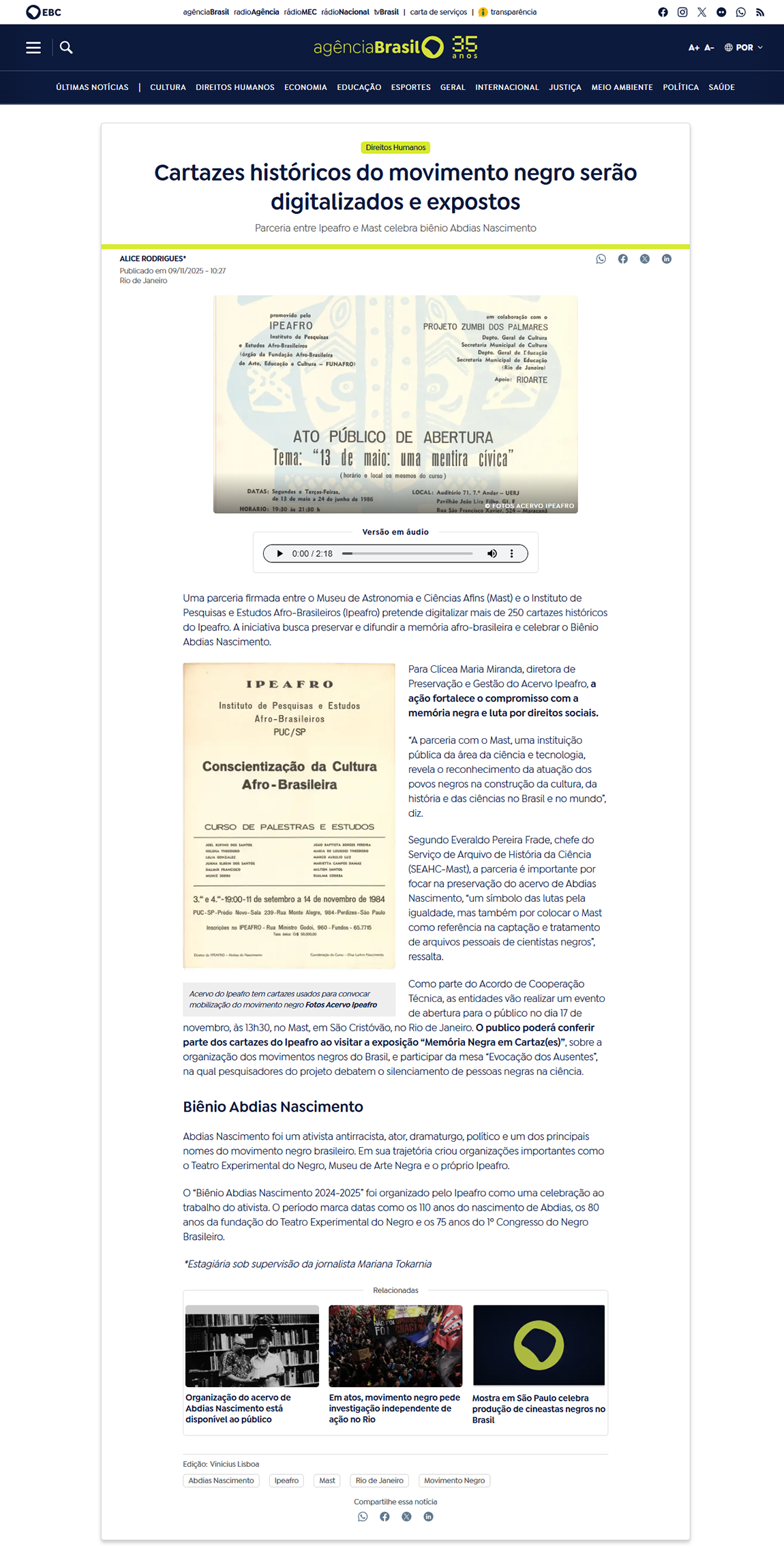 Parceria entre Ipeafro e Mast celebra biênio Abdias Nascimento