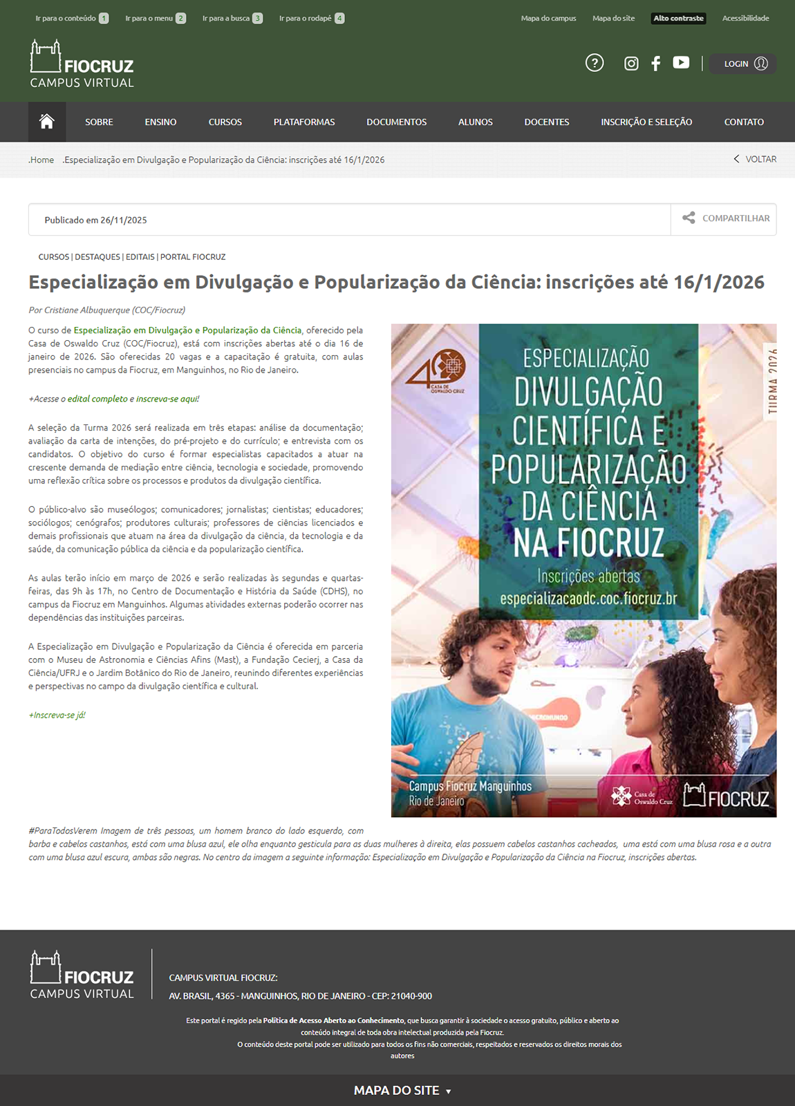 Especialização em Divulgação e Popularização da Ciência: inscrições até 16/1/2026